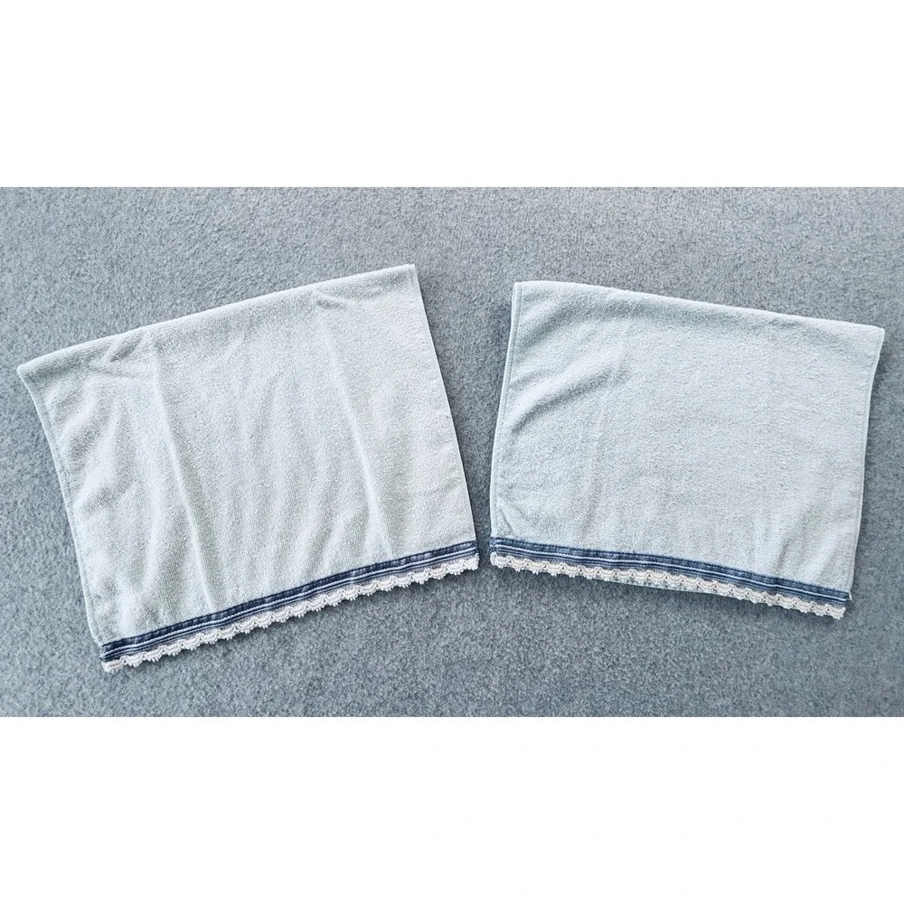 Pair Of Vintage Dundee Hand Towels - Light Blue With White Lace Trim - Lot Of 2